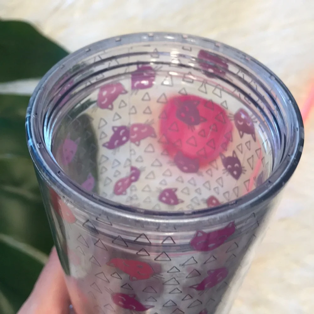 Target cat print tumbler drinking water cup with straw kitty graphic pink clear